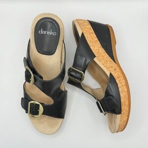 Dansko Black Leather Cork Wedge Sandals Adjustable Buckle Straps Size